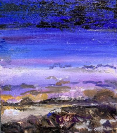 Blue Sky, 2022, oil on wood painting by Lois Dickson, 9 x 8 inches (sold)
