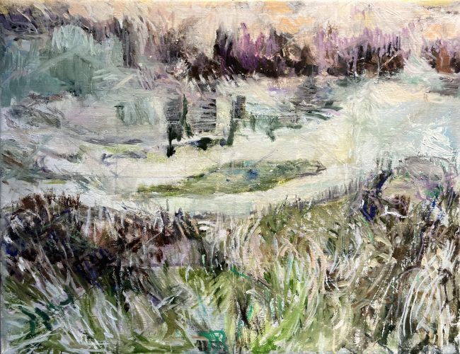 Meadow and Pond, 2022, oil on linen painting by Lois Dickson, 14 x 18 in
