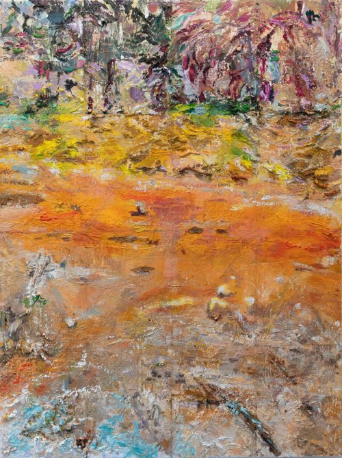 Orange Pond, 2022, oil on wood painting by Lois Dickson, 40 x 30 inches