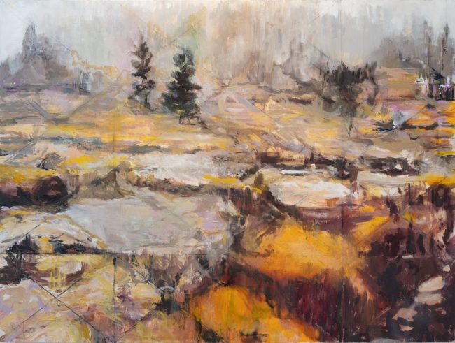 Yellowstone, 2022, oil on wood painting by Lois Dickson, 30 x 40 in (sold)