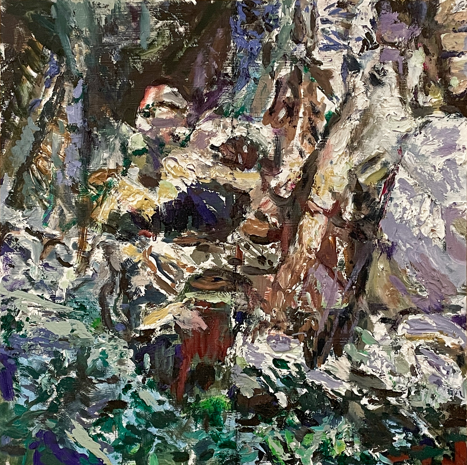 Entangled, 2025, oil on panel, 13 x 13 inches